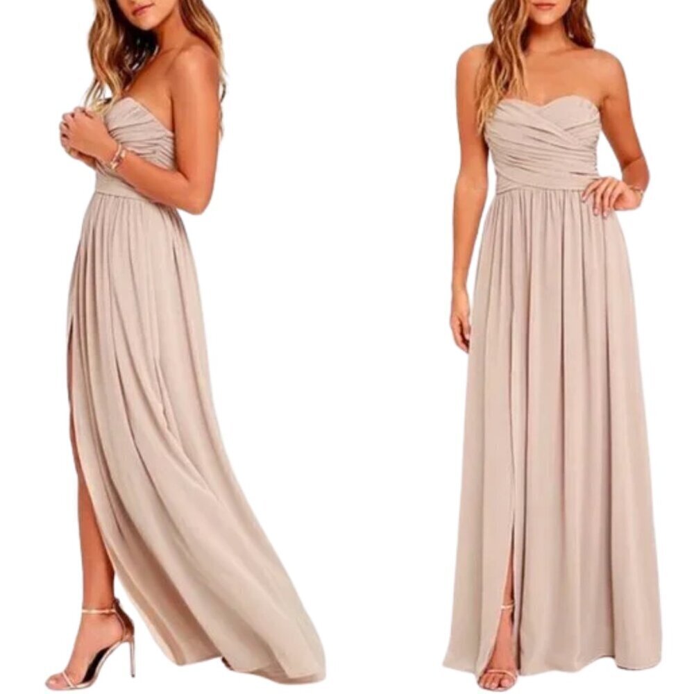 NWT - FLAWED - Lulu's Moonlight Serenade Maxi Dress Gown in Taupe Sz. L